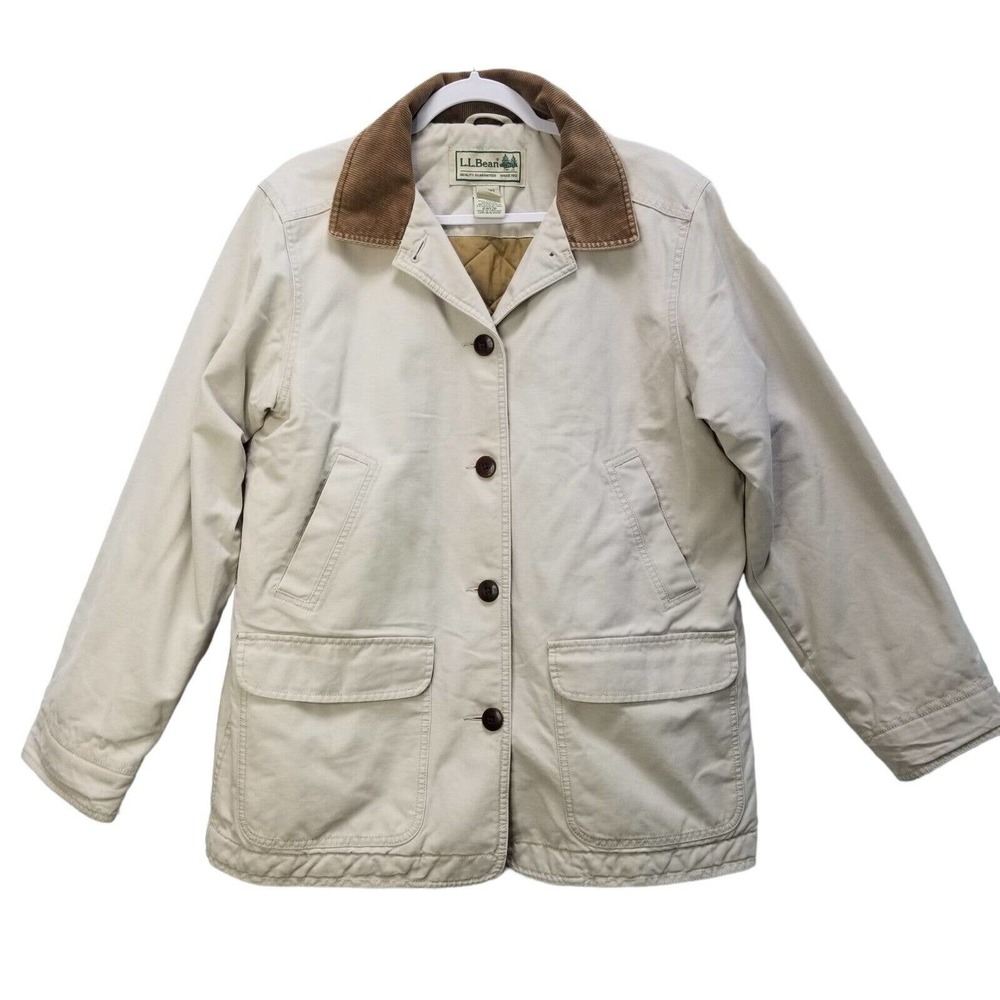 LL Bean Women's L Tan Canvas Chore Jacket Barn Coat Corduroy Trim Quilted Insul.
